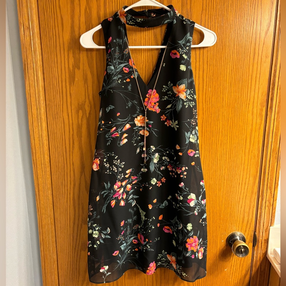 BCX Black Floral Dress with Long Necklace